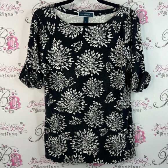 Karen Scott top shirt firework flowers floral  Black and White Floral Blouse - Picture 1 of 14